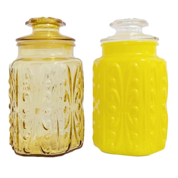 Vintage 1972 Imperial Glass Yellow & Amber Atterbury Scroll Show Off Jars - Picture 1 of 9